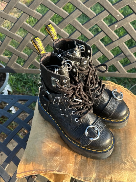 Dr. Martens Shoes - Dr. Martens Jadon HDW Black Leather Combat Boots Buckle Lace Up Women's 6
